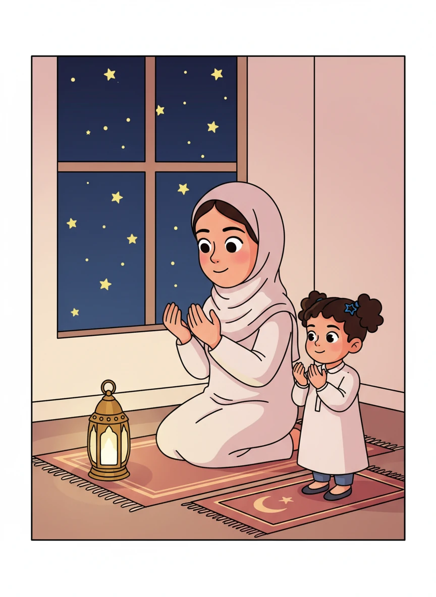 The night is quiet and peaceful, with the sky outside full of shining stars. Inside, Mariam is at home with her mother, a soft lamp casting a gentle glow in the room. It is Laylat al-Qadr, a very special night for blessings and prayers. Mother prays calmly, and Mariam stands beside her, copying her movements with sincere devotion. They raise their hands together, making du’a, their hearts feeling close to Allah. Mariam feels safe and peaceful, her heart warm with gratitude, and she sleeps with a smile, dreaming of light and goodness.