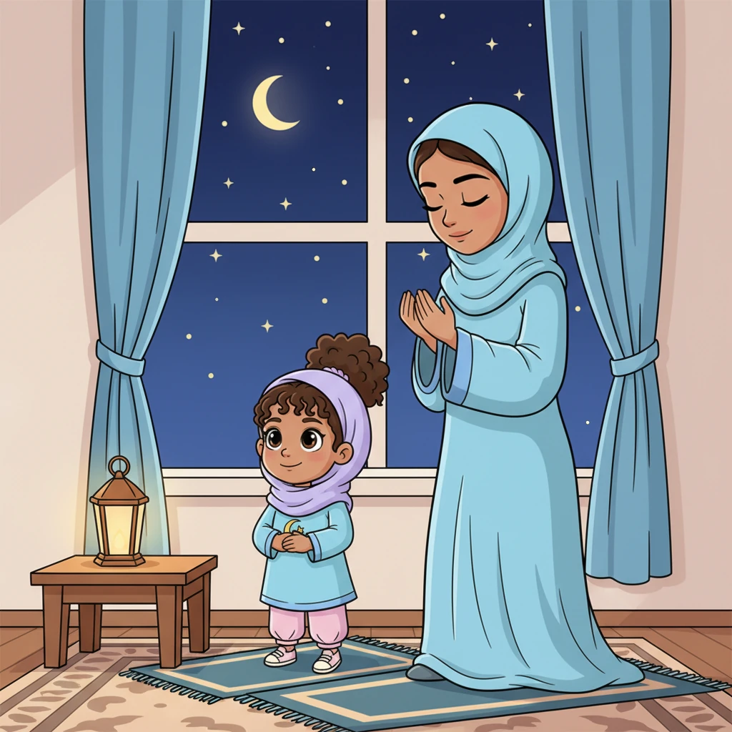 Through the window, the night sky twinkles with countless stars, creating a serene backdrop. Mariam's mother is deep in prayer, her posture graceful and devout. Beside her, Mariam quietly copies her mother, learning the beauty of devotion. Soft blue night tones fill the room, gently illuminated by a lamp's warm glow, highlighting their shared spiritual moment.