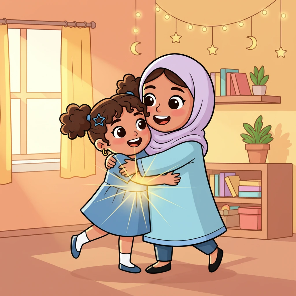 Morning sunlight streams into a room adorned with soft decorations like crescent lights and warm, festive colors. Mariam’s mother hugs her daughter tightly, their faces beaming with joy. A subtle, yet strong, golden glow emanates from Mariam’s heart, much brighter than before, symbolizing her profound spiritual growth and deep happiness after a month of devotion.
