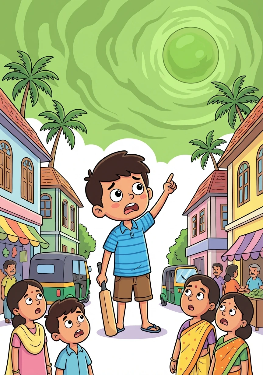 In the bustling streets of Fort Kochi, young Manu, a curious boy with a love for cricket, notices something odd. The usually vibrant sunset is now a sickly green.