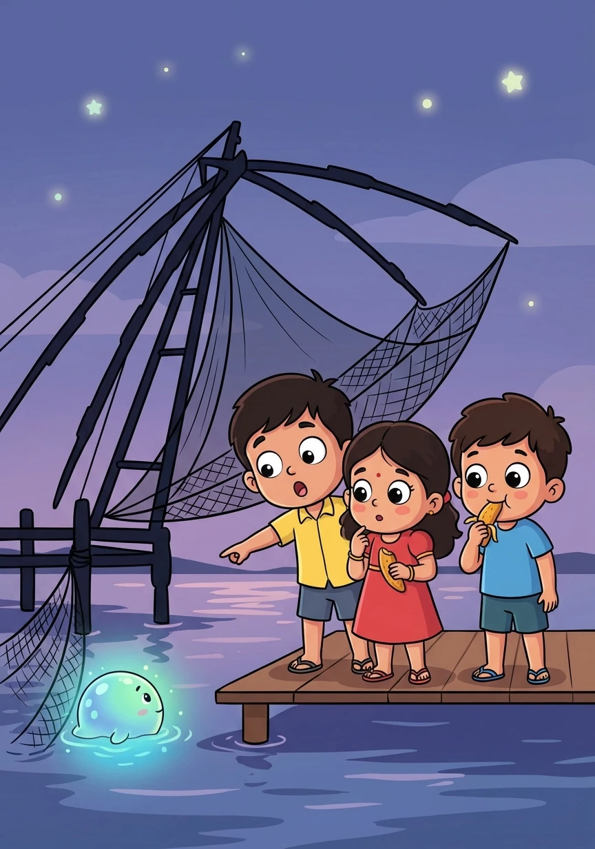 Later that evening, while enjoying pazhampori with his friends, Lakshmi and Govind, Manu spots a strange, glowing creature lurking near the Chinese fishing nets.