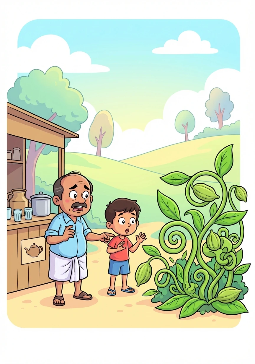 The next day, the local tea stall owner, Chellappan Chettan, complains that his cardamom plants are growing at an alarming rate, twisting into bizarre shapes.