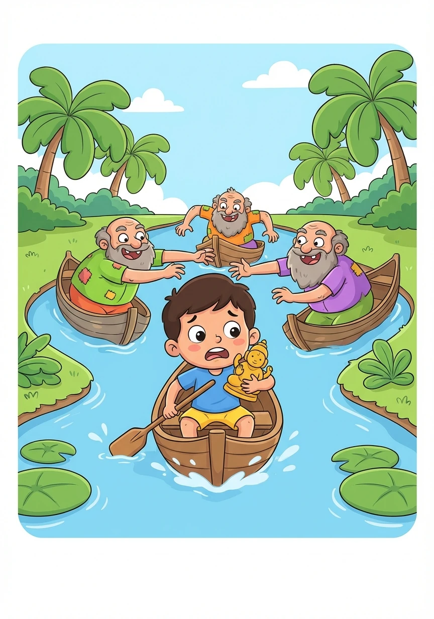 Suddenly, a group of mischievous 'Kallan Kelavanmar' (mischievous old men spirits) appear, trying to snatch the idol. A chaotic chase ensues through the backwaters.