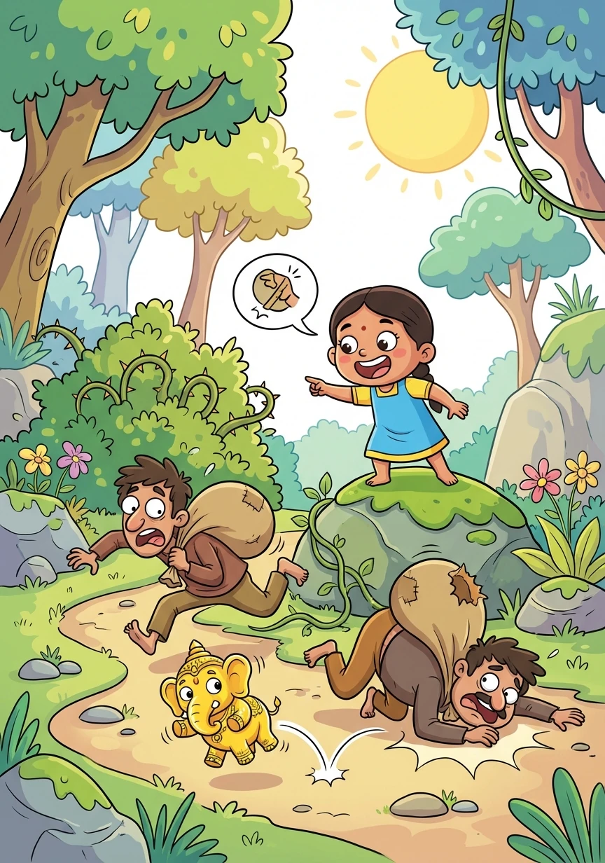 Lakshmi uses her knowledge of local folklore to trick the Kallan Kelavanmar, causing them to stumble and drop the idol.