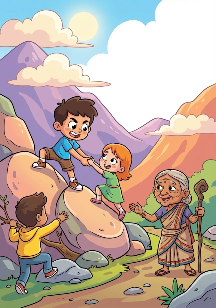The trio embarks on a thrilling journey through the mountains, facing challenges and overcoming obstacles, aided by the wisdom of a wise old Adivasi woman.