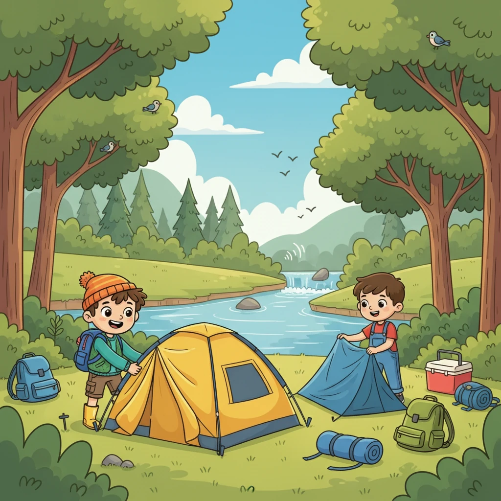 It was a sunny day in early June when Ben and his friend decided to go camping by the river. They found a perfect little campsite and began setting up their tents. The air was filled with the sounds of birds and the gentle rush of the water.
