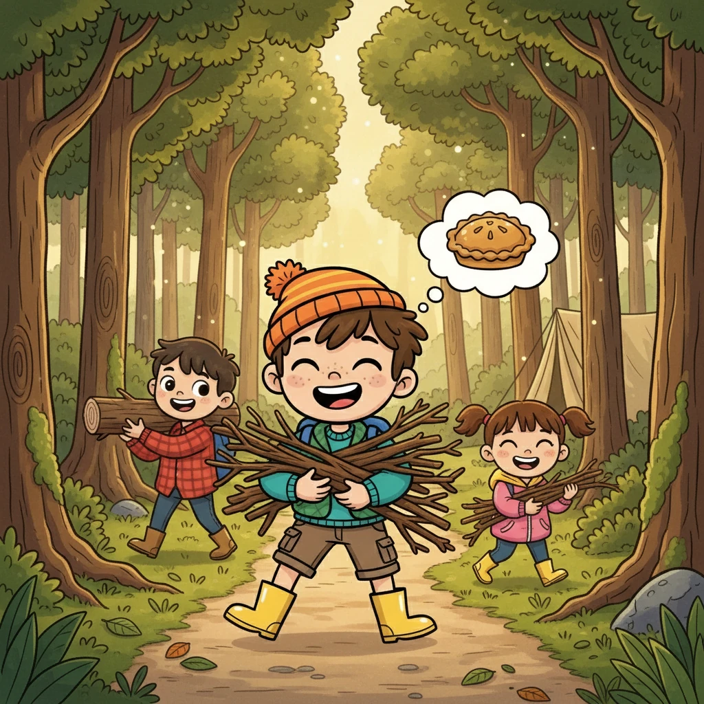 After the tents were up, they decided to explore the nearby woods to find some firewood. They gathered sticks and branches, laughing as they imagined their campfire. Ben already had a twinkle in his eye, planning a special meal.