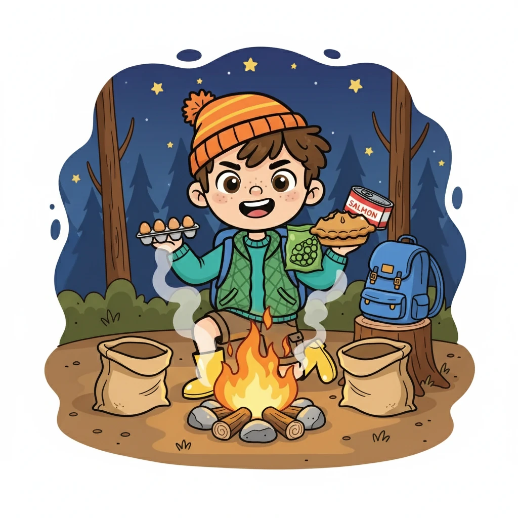 Once the campfire was crackling, Ben rummaged through their food bags. He announced he was going to cook something 'special.' He pulled out eggs, peas, a pork pie, and a can of salmon, a quirky assortment of ingredients.