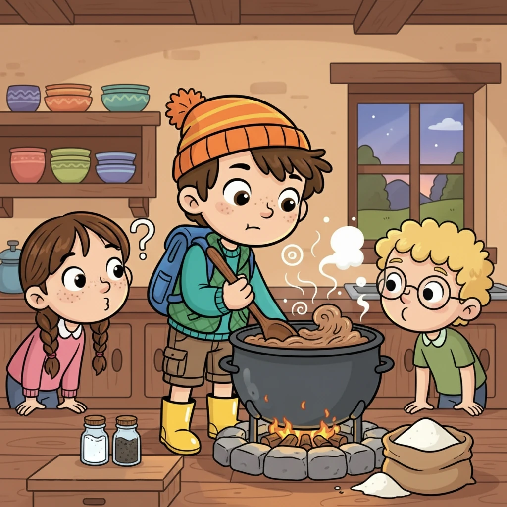 Ben mixed all the ingredients into a large pot, adding salt, pepper, and a generous helping of flour. He stirred it all together, watching with a thoughtful expression. The aroma started to change, and the friends exchanged curious glances.