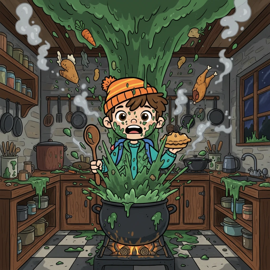 After ten minutes, the stew emitted a strange smell, and the pot started to bubble. Ben watched intently, then declared it might just need more time. Suddenly, with a loud 'POP,' the stew exploded, splattering everywhere!