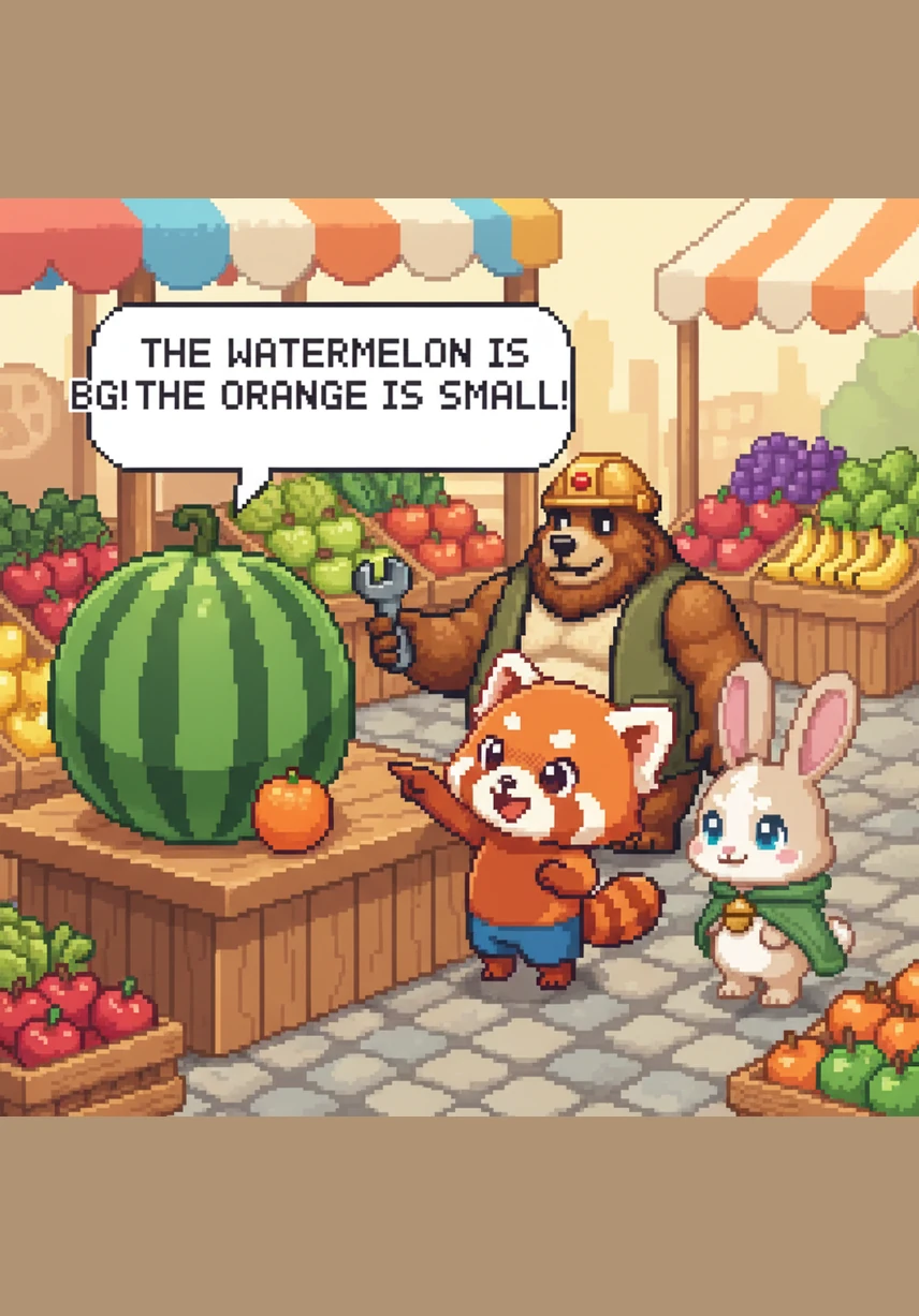 摊位上摆着一个巨大的西瓜和一个小巧的橘子，小皮伸出小手比划着，指着它们说：西瓜大，橘子小，他学会了比较物体的大小。