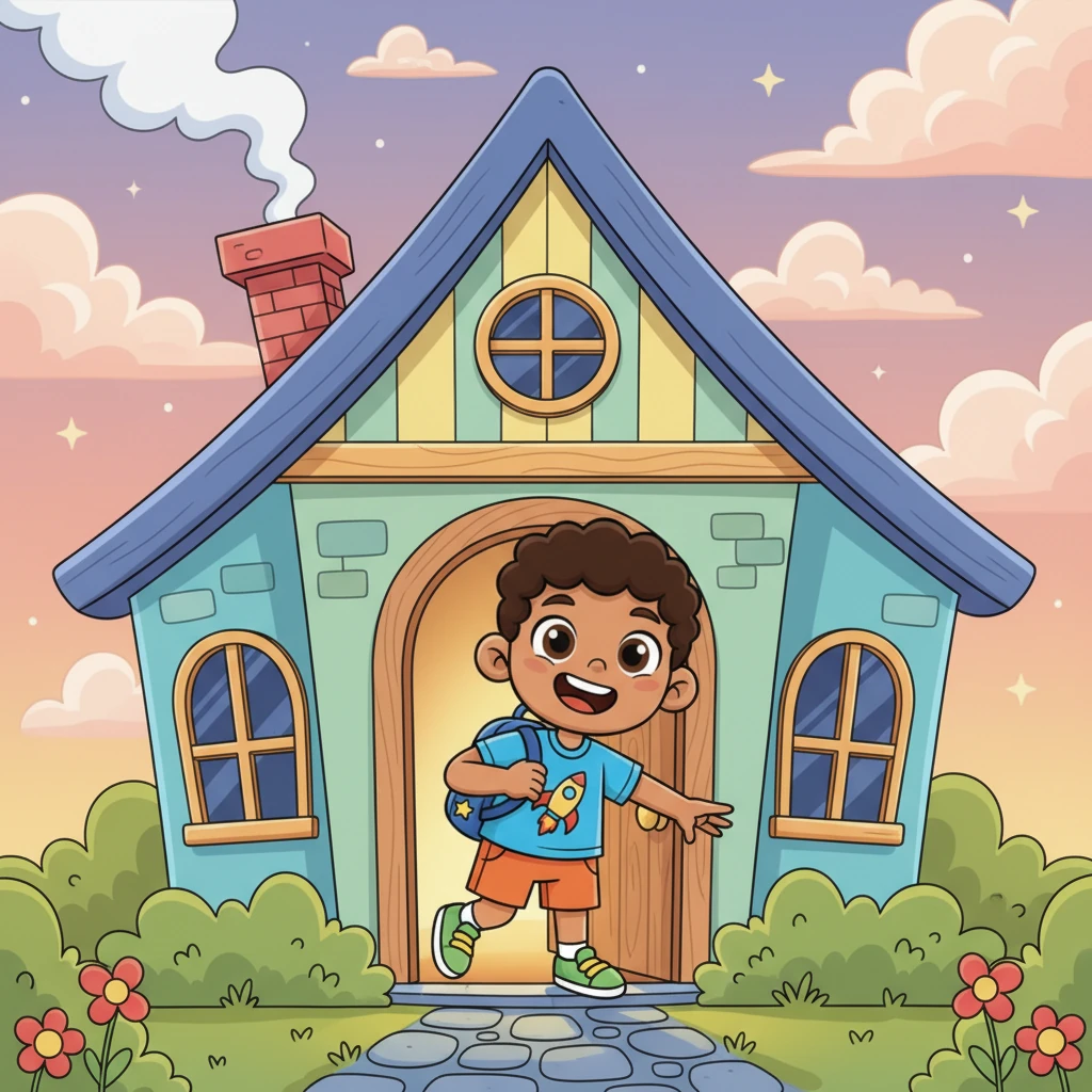 A cozy, cheerfully colored house with a whimsical, slightly crooked chimney stands under a sky painted with soft, swirling evening clouds. Little Ali, with wide, curious eyes and a friendly smile, stands in the doorway, a small backpack playfully slung over one shoulder, ready for his big adventure. The scene is bathed in a warm, inviting glow, hinting at the quiet dreams stirring within him.