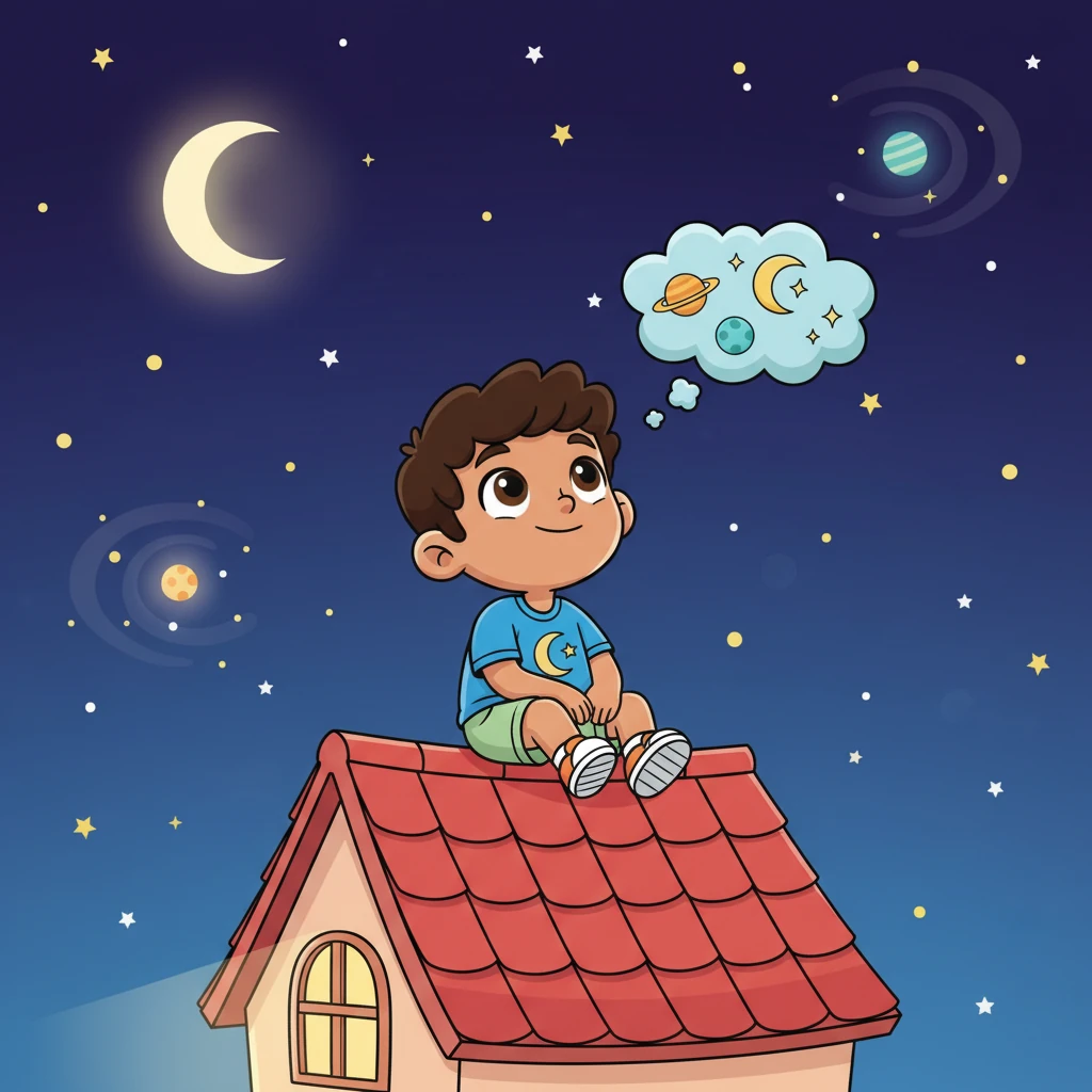 Ali, with his exaggeratedly large head full of thoughts, sits perched on the slightly rounded rooftop of his house, gazing up at the twinkling, star-dusted sky. His simplified face shows a thoughtful expression, a tiny cloud of wonder floating above his head. Below him, the world is quiet, but his mind is buzzing with big, colorful dreams of what he might become.