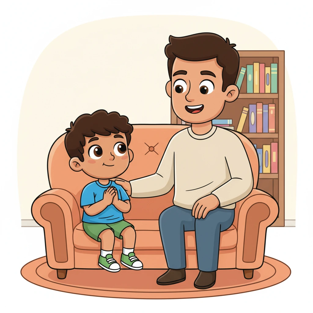 Ali sits on a comfy, oversized armchair next to his father, whose kind, expressive face beams down at him. Ali's hands are clasped together, his eyes wide and earnest, as he asks his important question. The father, with his own gentle, wise smile, places a reassuring hand on Ali's shoulder, ready to share a valuable lesson.