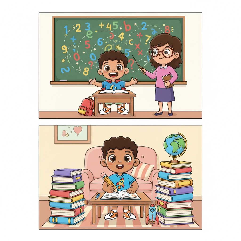 A dynamic montage of Ali's newfound dedication, with playful panels showing him in action. First, he's at his school desk, eyes sparkling as his teacher, a friendly character with exaggerated features, points to a chalkboard filled with vibrant, swirling numbers and letters. Then, Ali is at home, happily tackling his homework, a stack of books comically piled beside him, a determined but cheerful expression on his face.