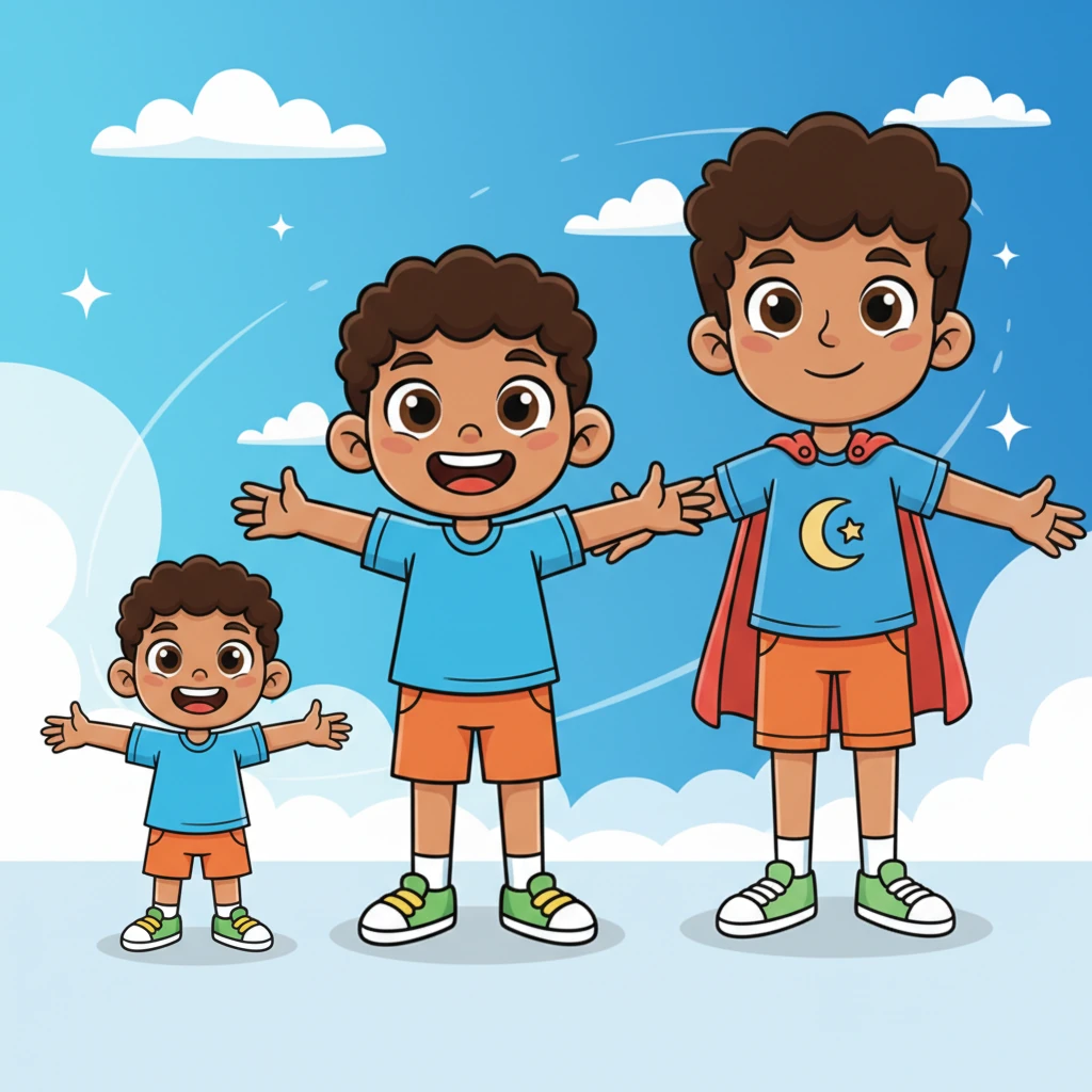A whimsical transition scene where Ali literally 'grows' before our eyes. We see a series of playfully animated frames: Ali as a small child, then a slightly taller boy, then a young teenager, each iteration still retaining his characteristic cheerful features but with growing proportions and a more confident posture. The background subtly shifts from a bright, sunny day to a slightly more mature, yet still vibrant, setting.