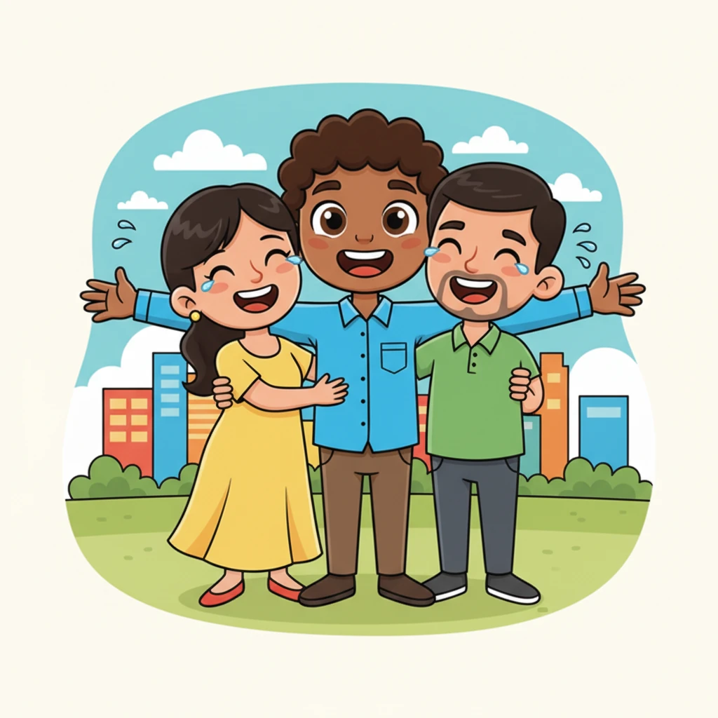 A truly joyful and triumphant scene! Adult Ali stands tall, radiating happiness, his arms outstretched in a gesture of welcome and success. His parents, with beaming, proud faces and exaggerated happy tears, embrace him warmly, their simplified features conveying immense love. Behind them, a bright, stylized city skyline hints at Ali's achievements, all rendered in cheerful, bold colors.