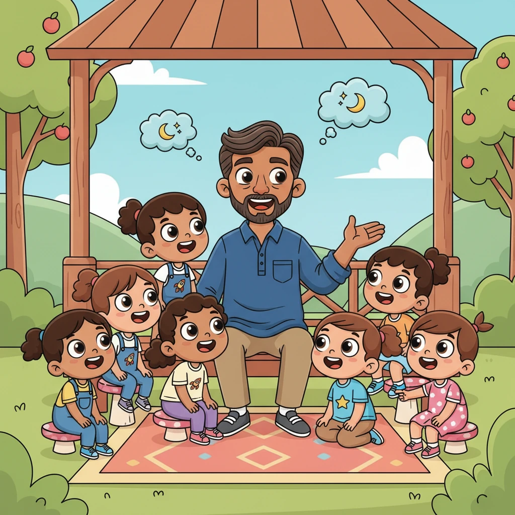 Ali, now a successful and kind mentor, sits surrounded by a group of eager, wide-eyed children, their exaggerated proportions making them look like little cartoon sprouts. He gestures enthusiastically with one hand, his expressive face conveying warmth and wisdom, as he shares his heartfelt message about dreams and hard work. The children listen intently, their faces full of inspiration.