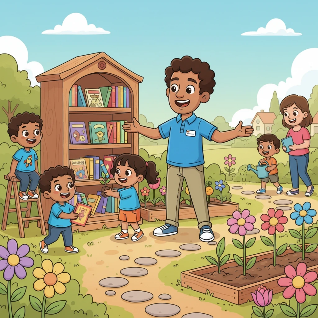 Successful Ali, now a pillar of his community, is seen cheerfully organizing a playful event for children, perhaps a colorful book drive or a community garden project. His bright, friendly demeanor shines as he interacts with the kids and other community members, all depicted with exaggerated smiles and dynamic, helpful poses. This scene emphasizes his generosity and the positive ripple effect of his hard work.