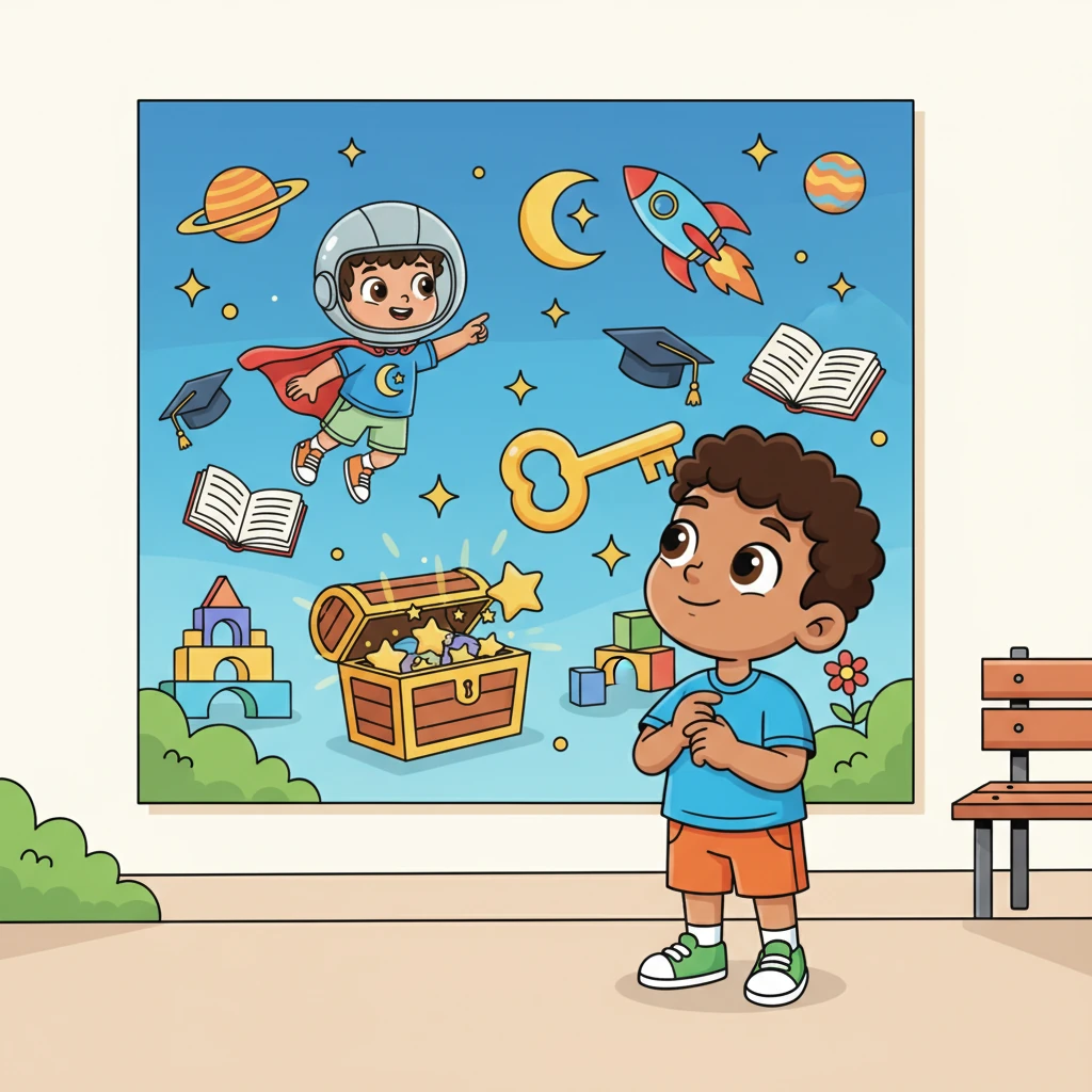Years later, a younger child, perhaps inspired by Ali, is seen looking up at a vibrant, stylized mural depicting Ali's journey of hard work and success. The mural is full of playful symbols of learning and achievement. This new child's face mirrors Ali's initial thoughtful expression, showing that Ali's story has become a beacon of hope and a testament to the power of dreams and dedication.