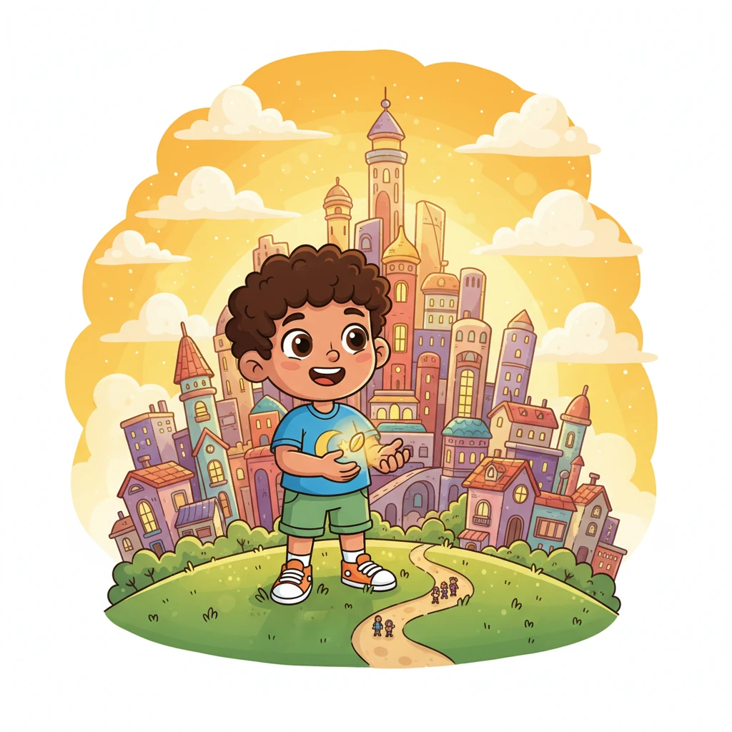Ali, with a contented and joyful expression, stands on a hill overlooking a magnificent, brightly lit cityscape that he helped build or improve. The sky above is a brilliant, hopeful dawn, filled with golden light and playful clouds. He holds a small, glowing seed in his hand, symbolizing the 'today' he nurtured, which has blossomed into this magnificent 'tomorrow.' This scene perfectly encapsulates the story's core message of hard work leading to a radiant future.