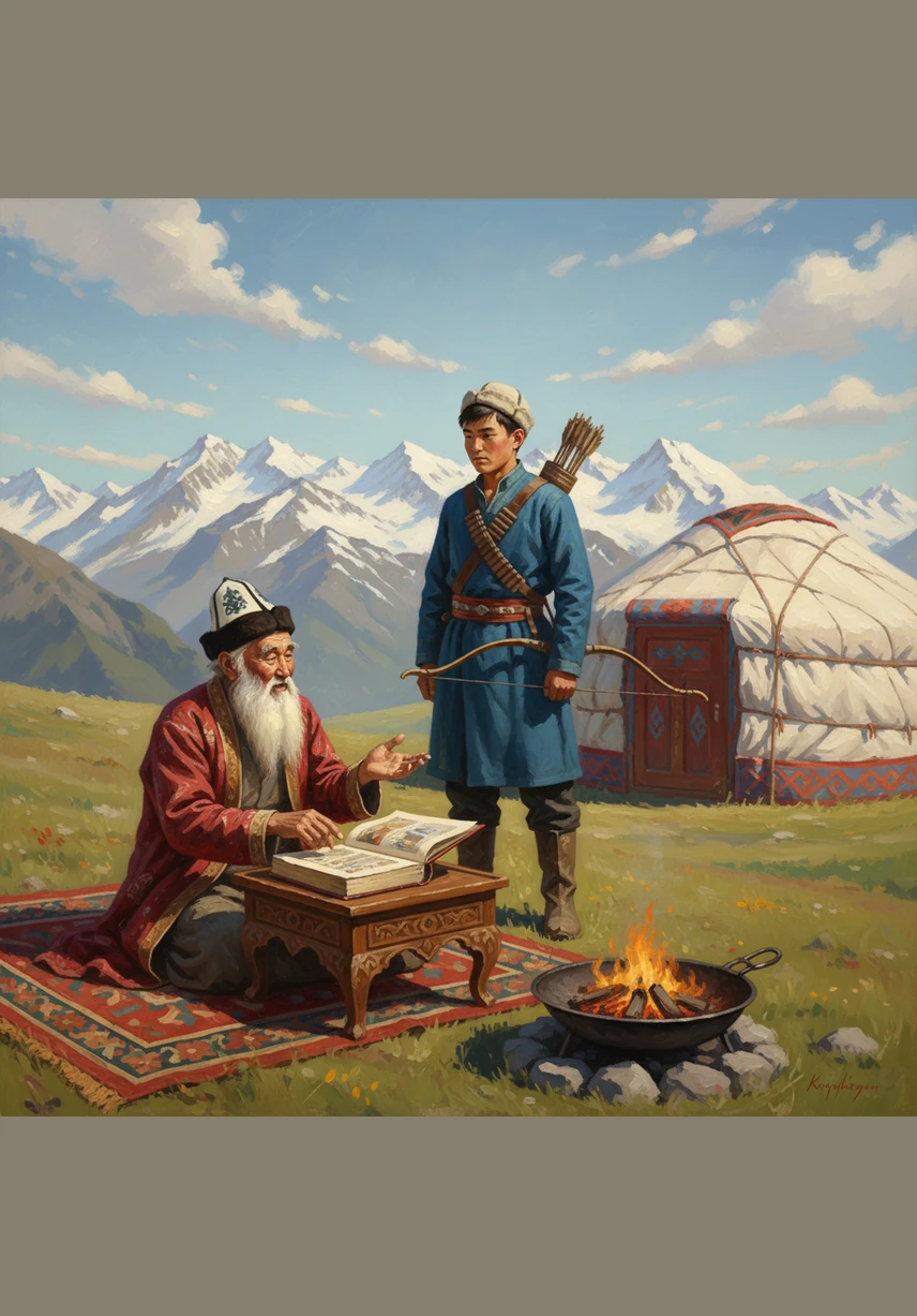 Жолдо ал боз үйүнүн жанында отурган ак сакалдуу карыяга жолугуп, уңгу жол жөнүндө сурайт. Карыя ага чыныгы мурас алтында эмес, жүрөктөгү намыста жана ата-бабанын салтында экенин айтып берет.