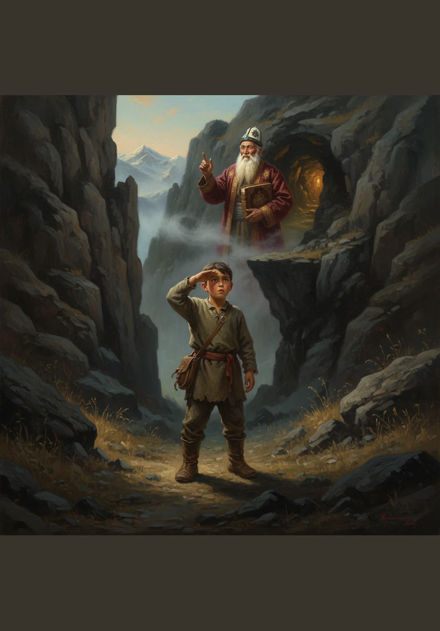 Бийик аскалардын арасында Асылбек жол таппай турганда, асманда алп бүркүт пайда болот. Ал канаттарын жайып, балага коопсуз ашууну көрсөтүп, бийиктикке карай баштап жөнөйт.