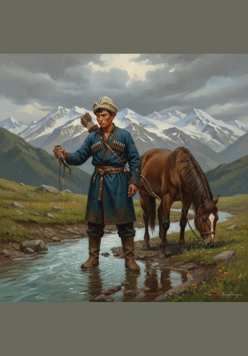 Асылбек мөлтүрөгөн мөңгү суусунан аккан булактын жээгине жетип, андан суу ичет. Бул таза суу ага күч-кубат берип, бабаларынын үнүн шамалдын шыбырынан угууга жардам берет.