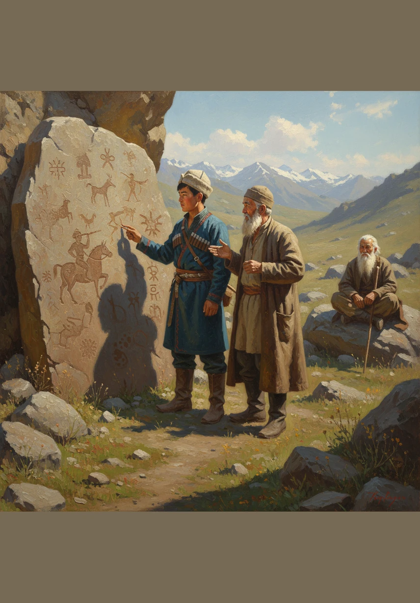 Байыркы таштарга чегилген сүрөттөрдү — петроглифтерди көрүп, Асылбек өз тарыхын окуй баштайт. Ар бир таш бул өткөн замандын баатырларынан калган өчпөс белги жана келечекке калтырылган насаат эле.