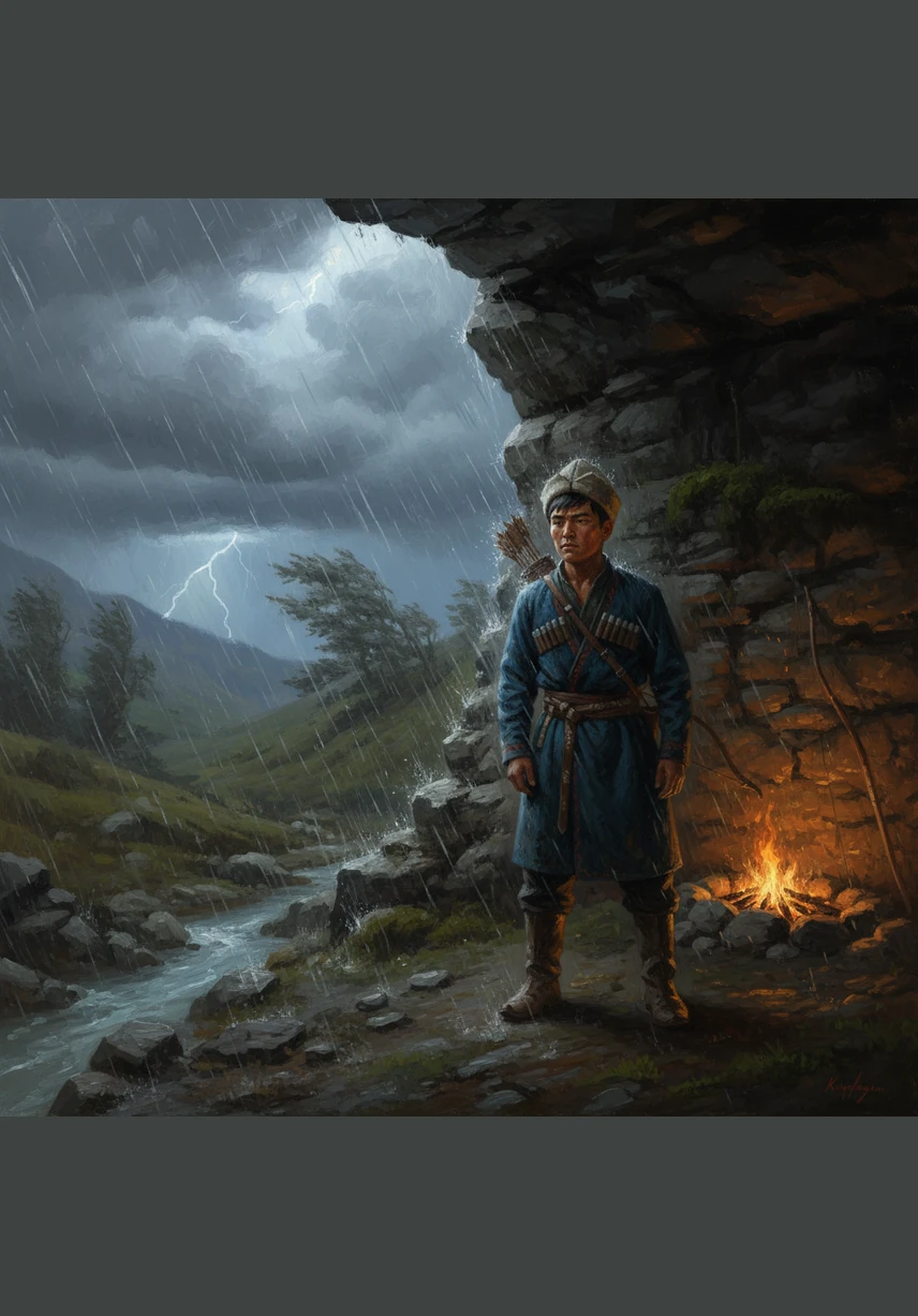 Капысынан тоодо катуу шамал башталып, Асылбек үңкүргө баш калкалайт. Ал жерде кичинекей от жагып, ата-бабаларынын кыйынчылыктарга кантип туруштук бергени жөнүндө терең ойго батып, кайраты чыңдалат.