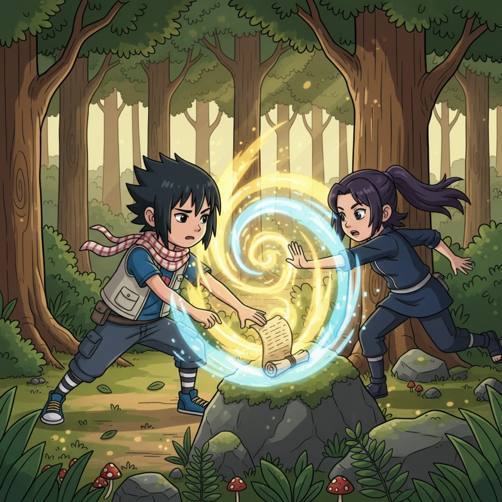Sasuke, noticing the strange glow from the corner of his eye, approaches the scroll with a curious frown, reaching out a hesitant hand. Yugao, sensing an unusual chakra surge, rushes over, trying to warn him against touching the ominous artifact. Their hands brush the ancient parchment simultaneously, triggering a blinding flash of iridescent light that engulfs the clearing.