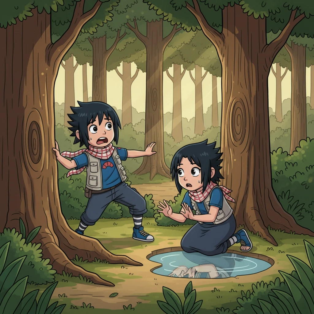 The world spins, then settles with a dizzying lurch. Sasuke finds himself looking down at smaller, more feminine hands, while Yugao stares at her reflection in a puddle, showing Sasuke's familiar, brooding face. They gape at each other, cartoonishly wide-eyed and utterly bewildered by their sudden, impossible transformation.