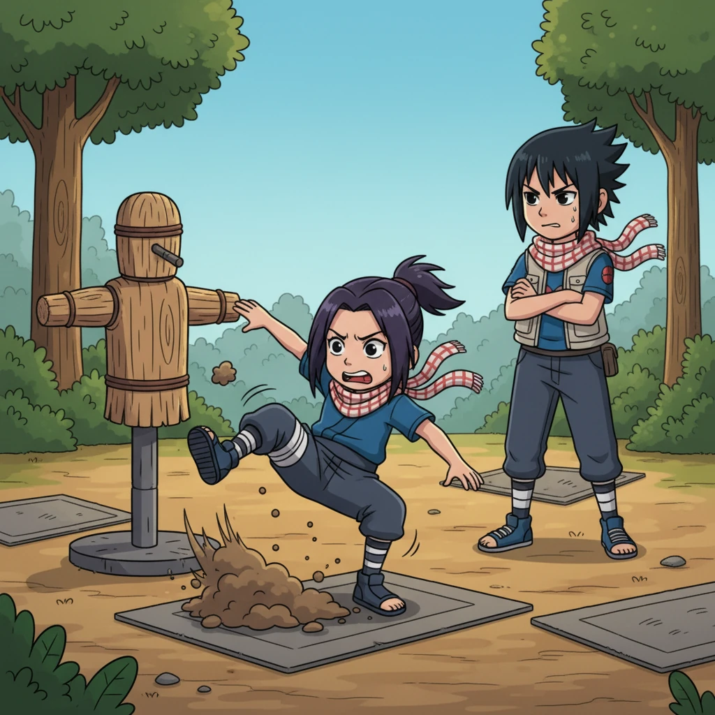 Initial panic sets in. Sasuke, now in Yugao's body, tries to execute a powerful spinning kick but tumbles awkwardly, unused to the different center of gravity and flexibility. Yugao, inhabiting Sasuke's body, attempts to cross her arms stoically, mimicking his usual pose, but ends up fidgeting, a small, uncharacteristic smile twitching at the corners of her new mouth.