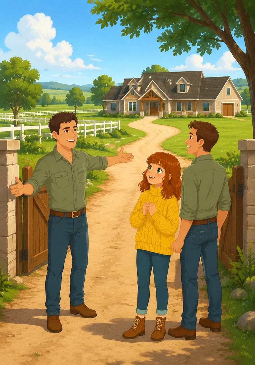 Nathan and Olivia arrive at Kirk’s sprawling new ranch, their faces beaming with excitement as they imagine all the animals they will meet. The sun shines brightly over the green fields and the beautiful new house waiting for them.