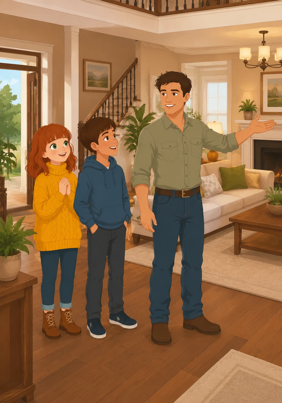 Inside the house, the children marvel at the spacious rooms filled with elegant furniture and cozy decorations. Kirk proudly shows them around his new home before they head outside for the real adventure.