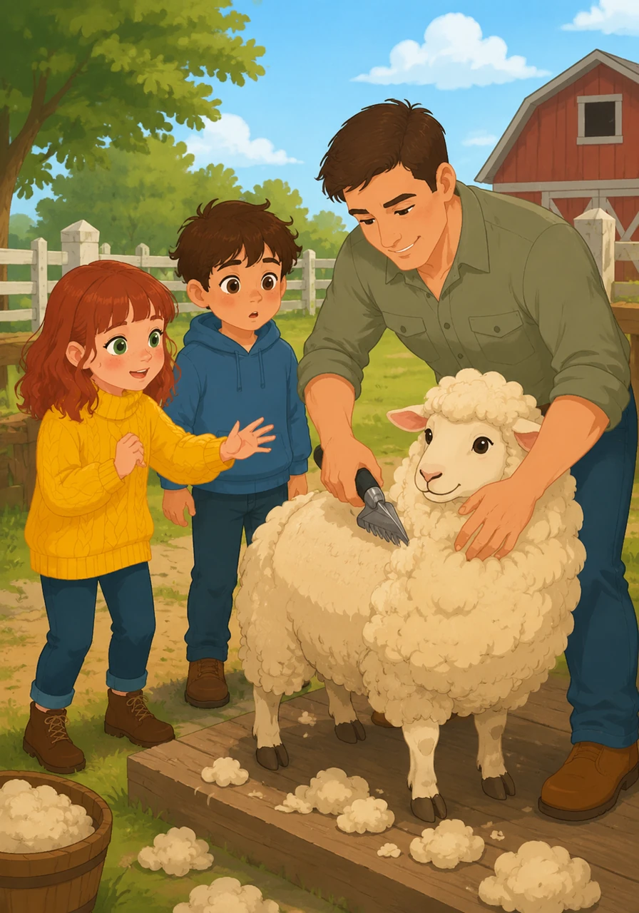 Out in the yard, Kirk’s father carefully shears a fluffy sheep while the children watch with wide eyes. Olivia asks to help, but they learn that the sharp blades are only for experts to handle safely.