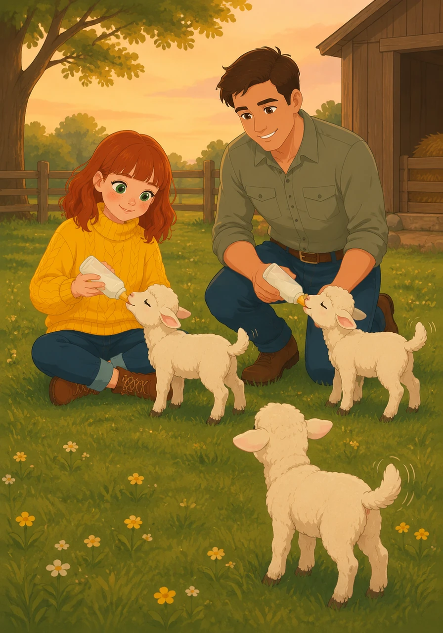 Nathan and Olivia sit on the grass, gently holding warm bottles of milk for the tiny, hungry lambs. The little lambs wag their tails happily as they drink, feeling calm and safe with their new friends.