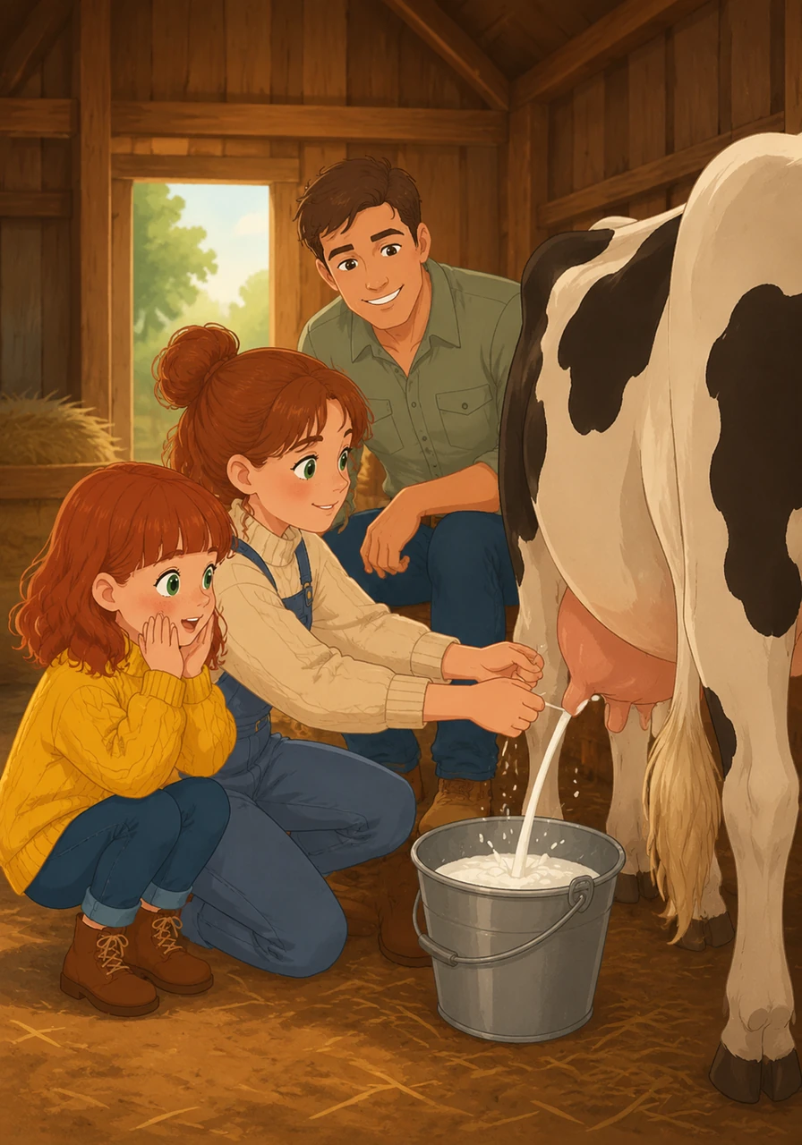 Inside the cool, wooden barn, Kirk’s mother teaches Nathan how to milk a cow with a gentle touch. Nathan is amazed when a stream of fresh milk squirts perfectly into the metal bucket.