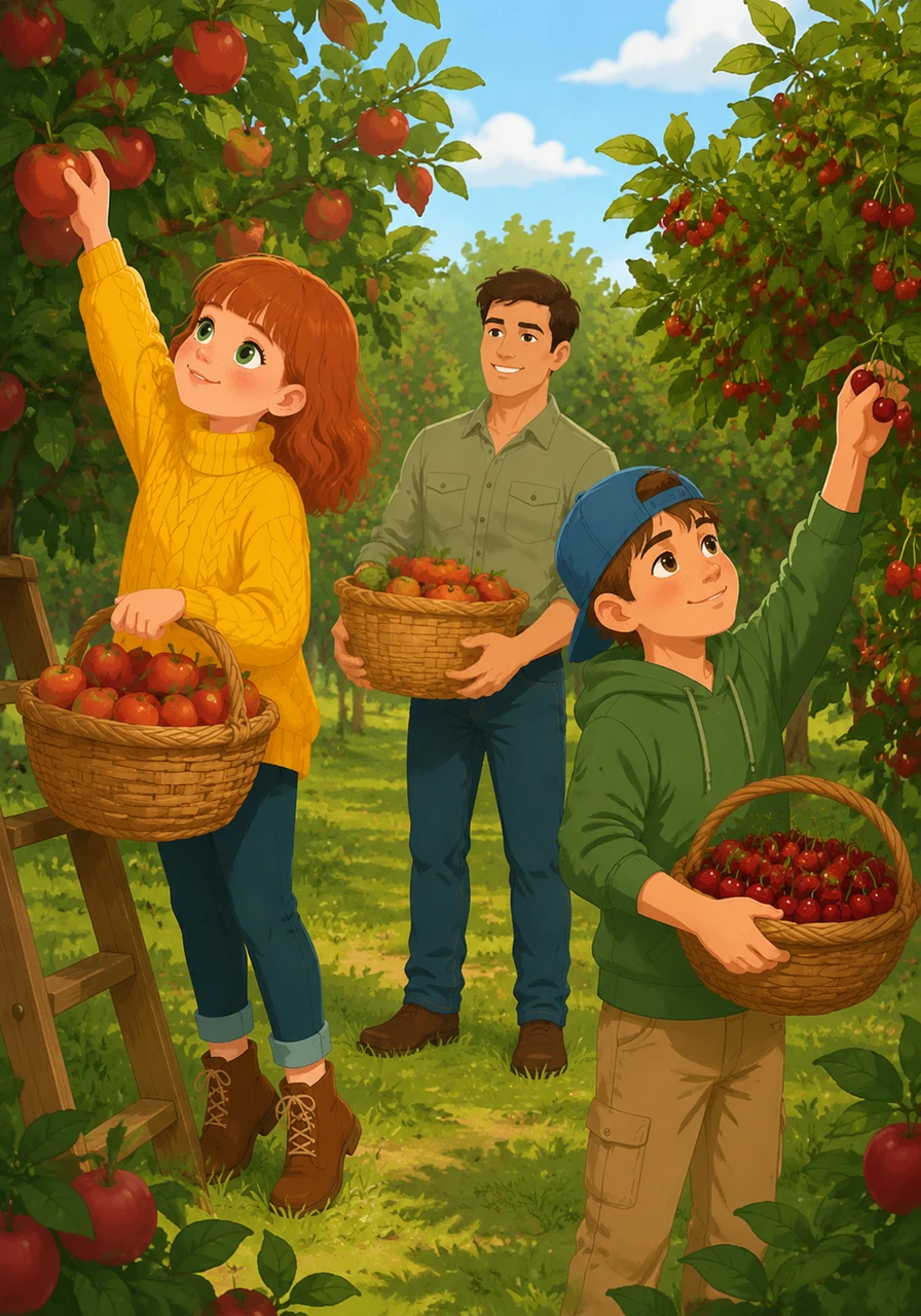 The children wander into the orchard, reaching up high to pluck ripe, red apples and juicy cherries from the heavy branches. They fill their baskets to the brim, knowing these fruits will soon become delicious pies.