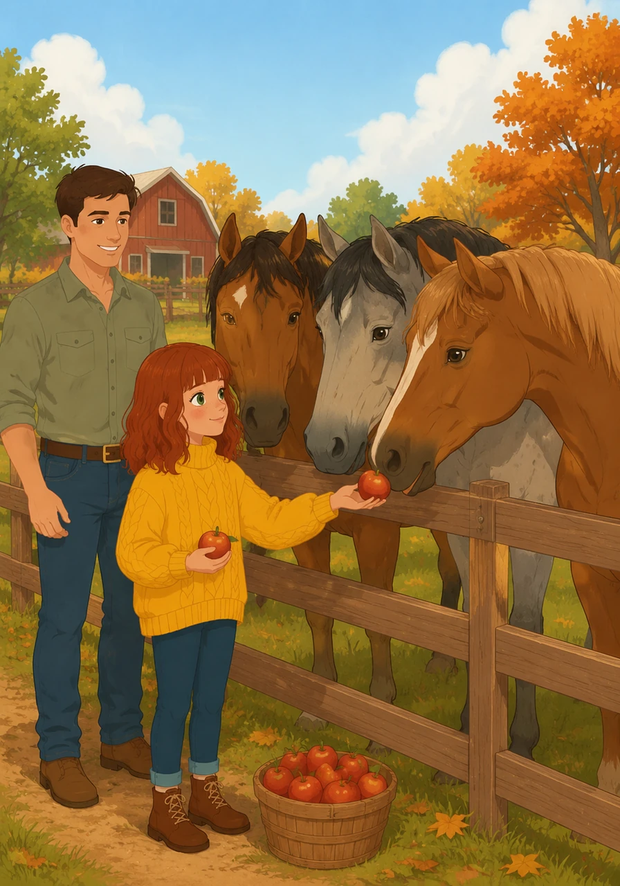 At the fence, three majestic horses trot over to greet the visitors. Olivia shares some of their freshly picked apples with them, watching as the horses gently crunch on the sweet treats.