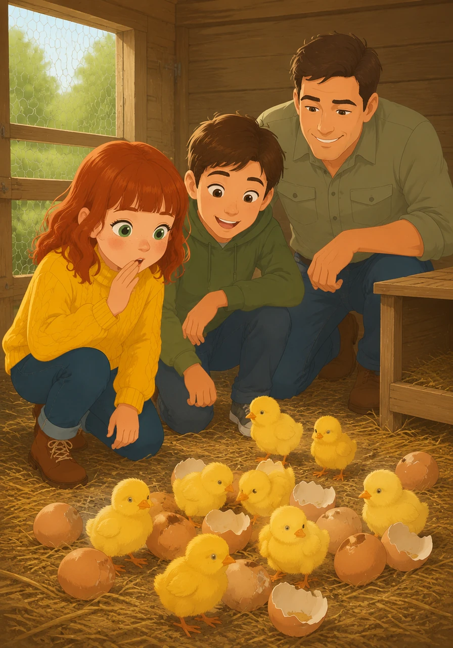 In the chicken pen, the children are surprised to find a cluster of tiny, yellow chicks that have just pecked their way out of their shells. Olivia whispers in awe at how small and soft the newborn birds look.
