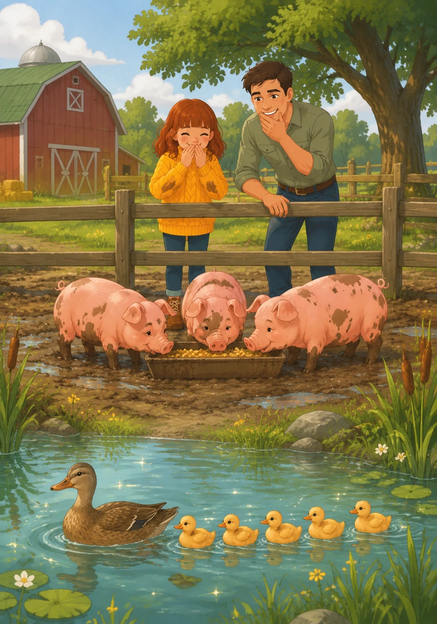 Near the muddy pig pen, Nathan and Olivia can’t stop giggling as they watch the pigs eat their breakfast with messy, happy enthusiasm. Nearby, a mother duck leads her fluffy ducklings in a neat line across the sparkling pond.