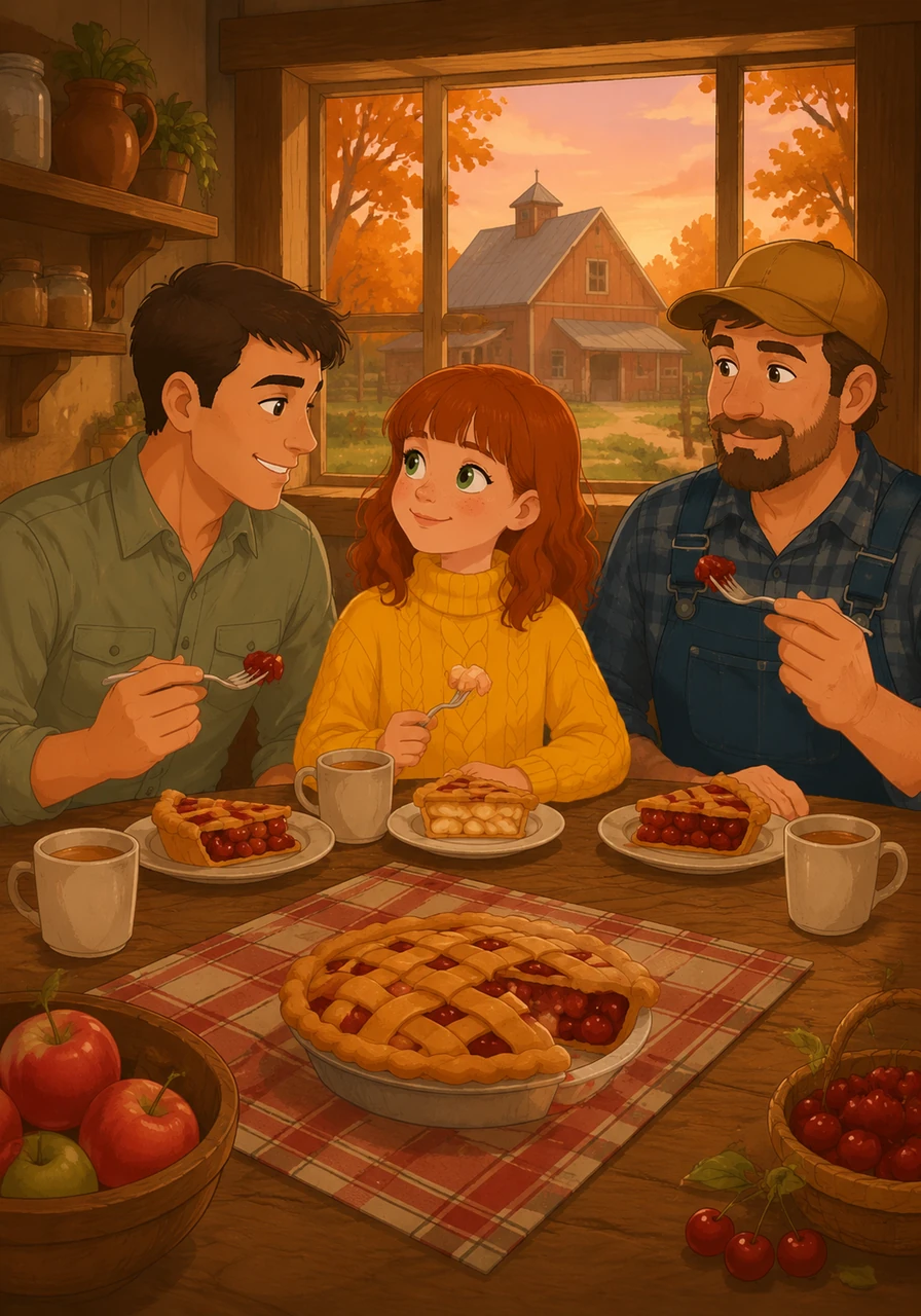 The day ends on a sweet note as everyone gathers to enjoy slices of warm, tart apple and cherry pie. Nathan and Olivia smile at each other, already dreaming of their next visit to the wonderful farmstead.