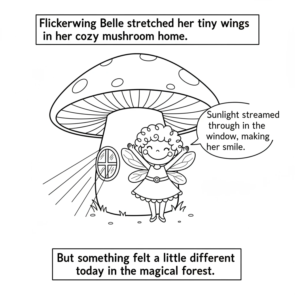 Flickerwing Belle stretched her tiny wings in her cozy mushroom home. Sunlight streamed through the window, making her smile. But something felt a lit