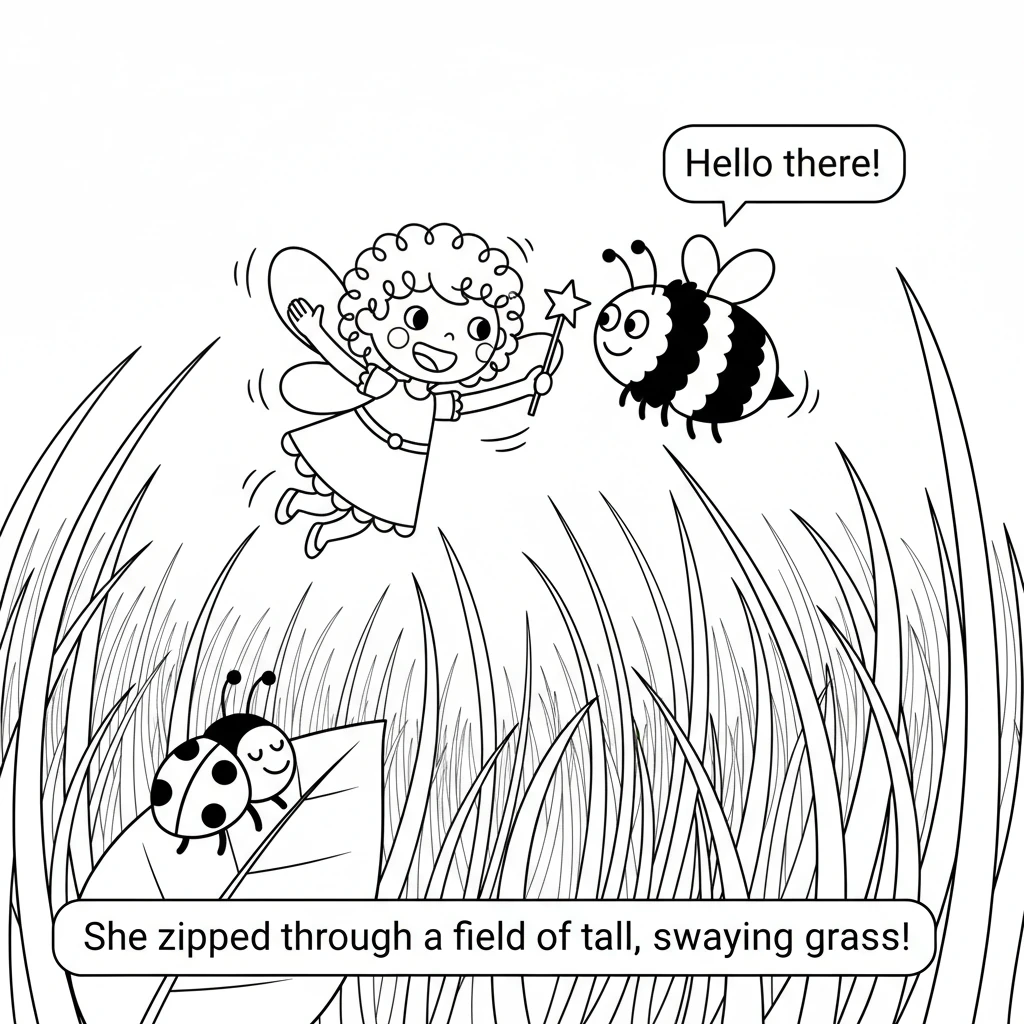 She zipped through a field of tall, swaying grass, waving to a busy bumblebee. A ladybug on a leaf gave her a friendly blink. The world felt big and f