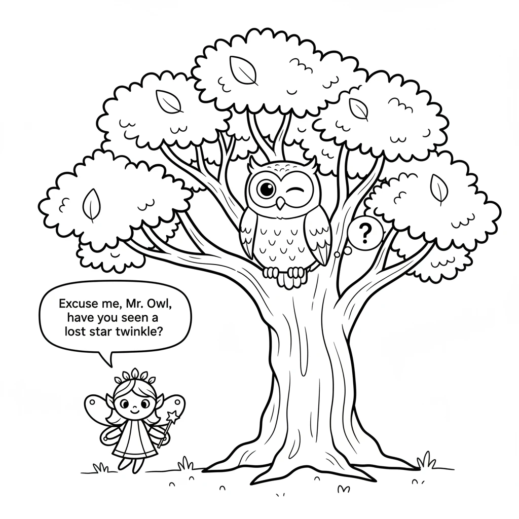 Soon, Belle saw a wise old owl perched on a branch of a grand oak tree. "Excuse me, Mr. Owl," she whispered, "have you seen a lost star twinkle?" The