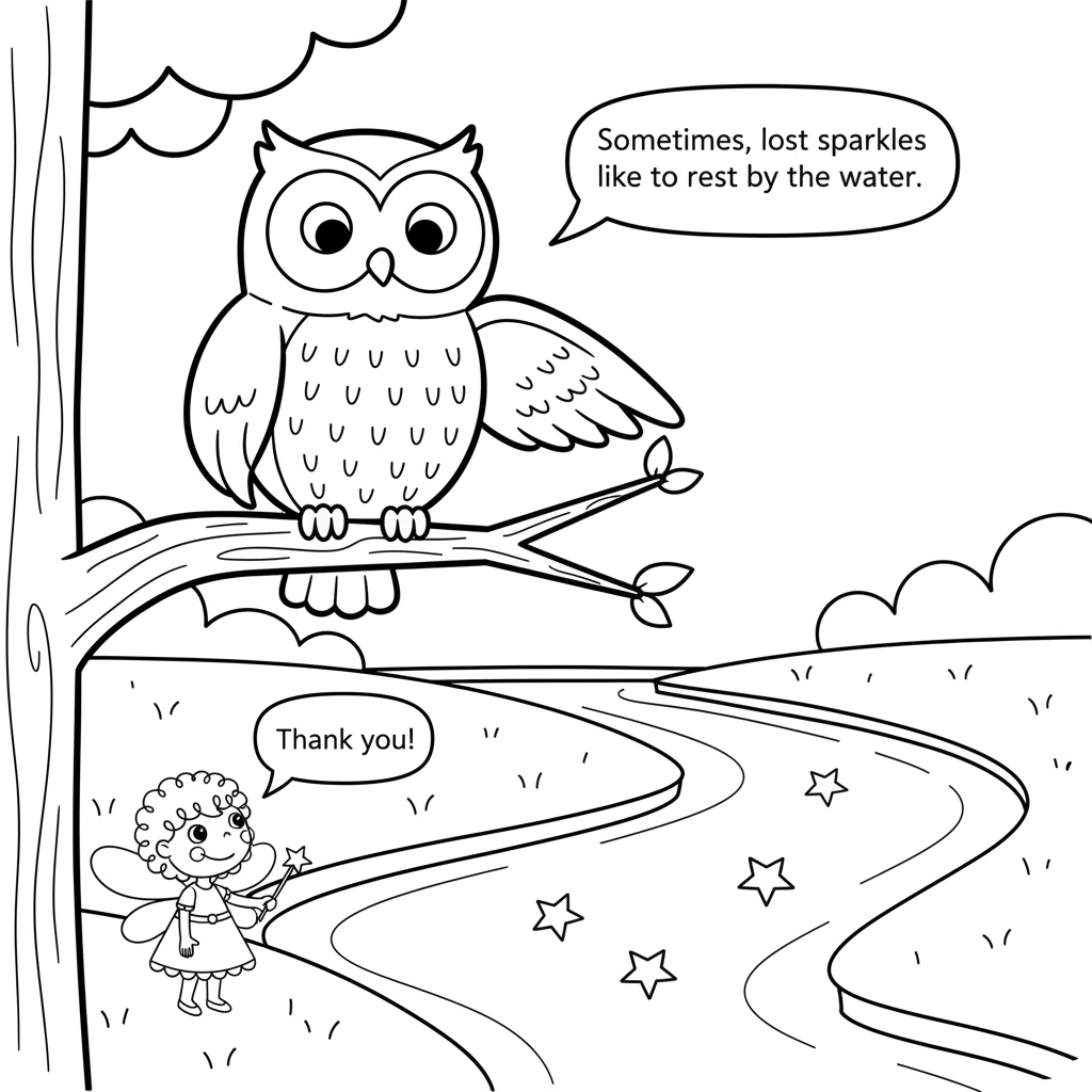 The kind owl hooted softly and pointed a wing towards the shimmering river below. "Sometimes, lost sparkles like to rest by the water," he advised. Be