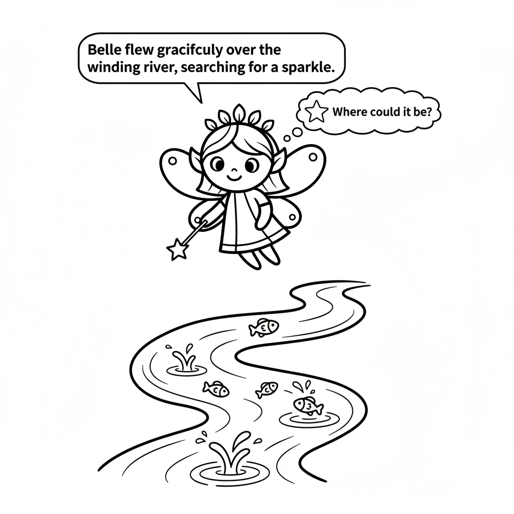 Belle flew gracefully over the winding river, its surface catching the last light. Tiny fish leaped and splashed, making ripples. She searched careful