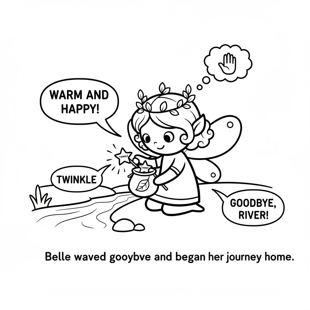 Very gently, Belle scooped up the twinkle into her leaf pouch. It felt warm and happy in her hand. She waved goodbye to the river and began her journe