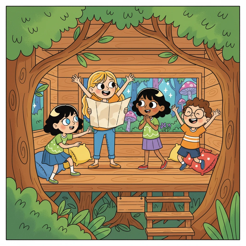 Um dia ensolarado, a turma se reuniu em seu lugar secreto, uma casa na árvore aconchegante. Sol teve uma ideia: "Vamos explorar a floresta mágica que fica perto da cidade!" Todos gritaram de alegria.